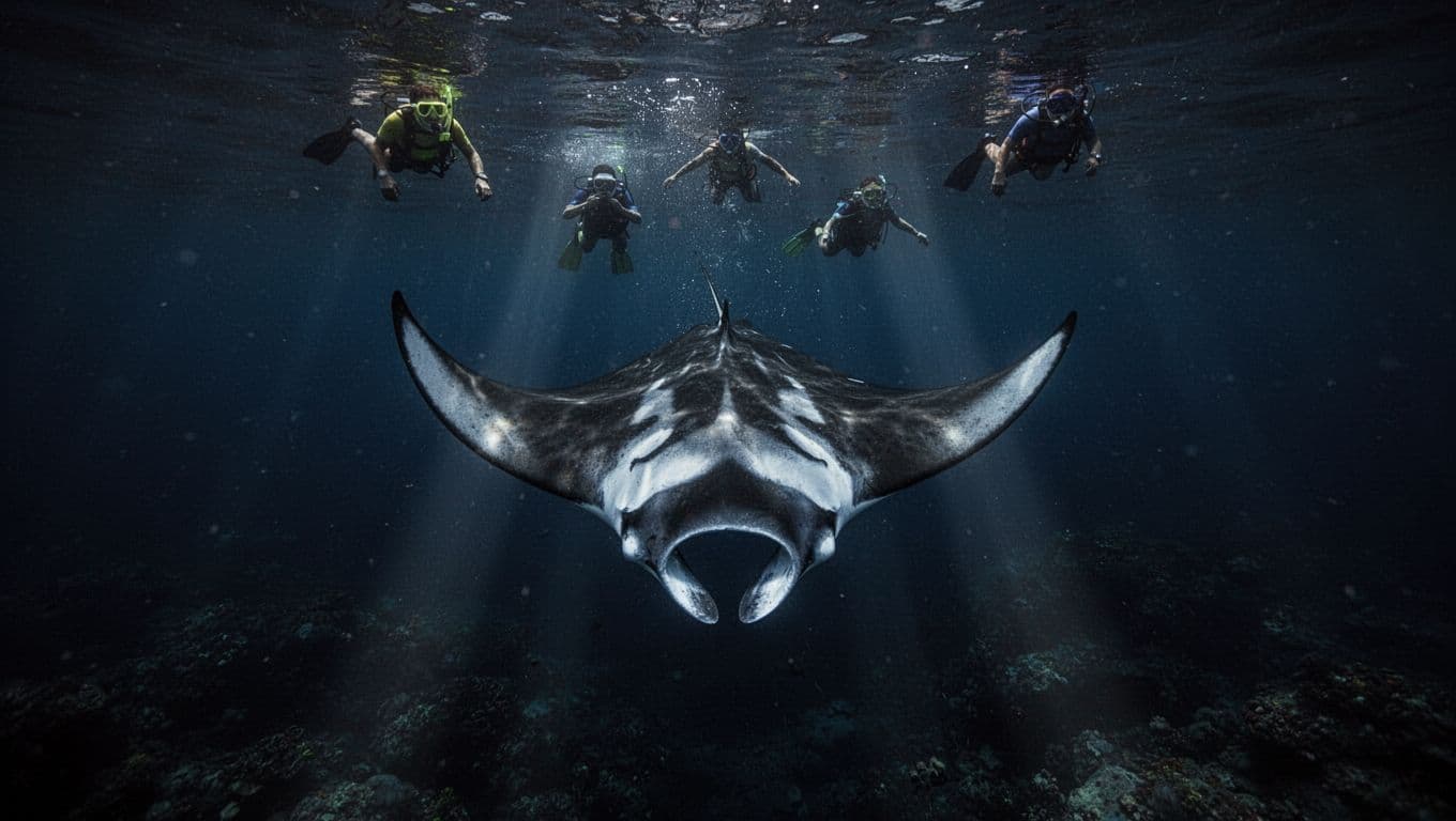 Graceful manta rays glide through dark ocean waters at night near Kona coast, illuminated by dramatic boat light beams, with two distant snorkelers watching a somersaulting ray in cinematic style.