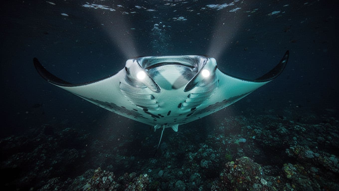 Large manta ray gliding gracefully through dark ocean waters at night off Kona Hawaii coast, illuminated by bright dive lights creating turquoise glow on its white underside and 12-foot wings.