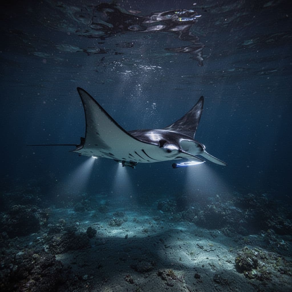 Manta ray swims through clear night ocean waters lit by snorkel board.