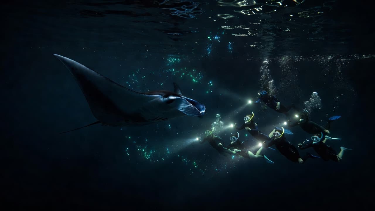 A large manta ray glides toward swimmers holding lights in the dark ocean.