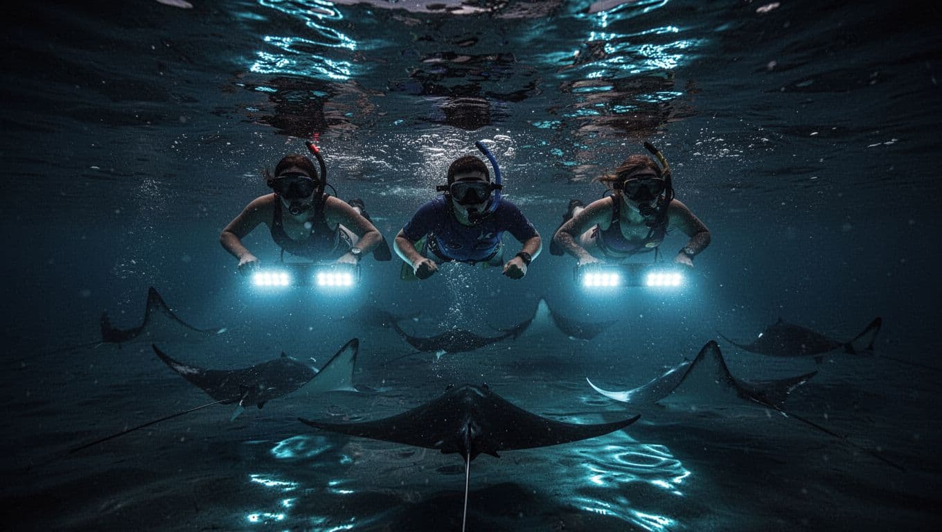 Snorkelers float on the dark ocean surface, illuminated by bright blue LED boards attached to their gear. Below them, massive manta rays glide through the water, creating vibrant cyan light reflections.
