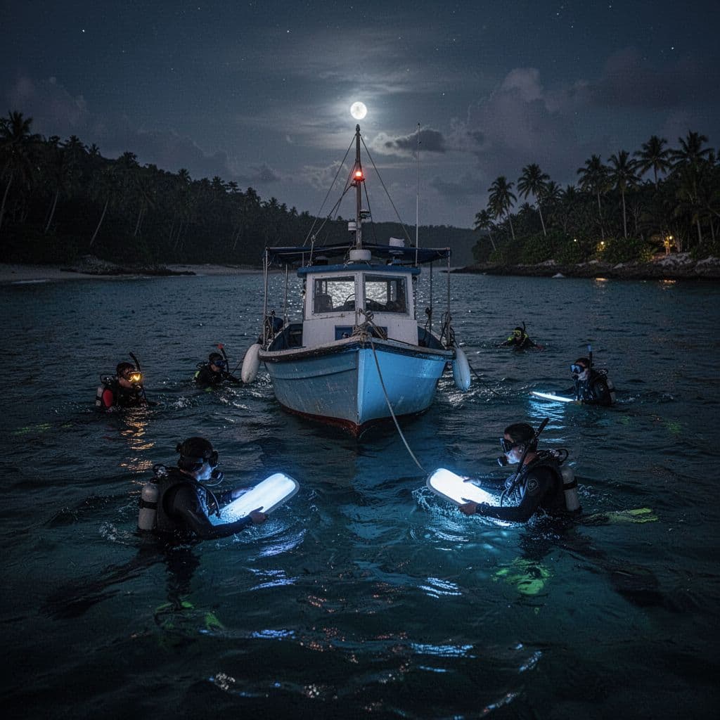 Snorkelers hold a glowing blue light board beside a small boat in the dark ocean.