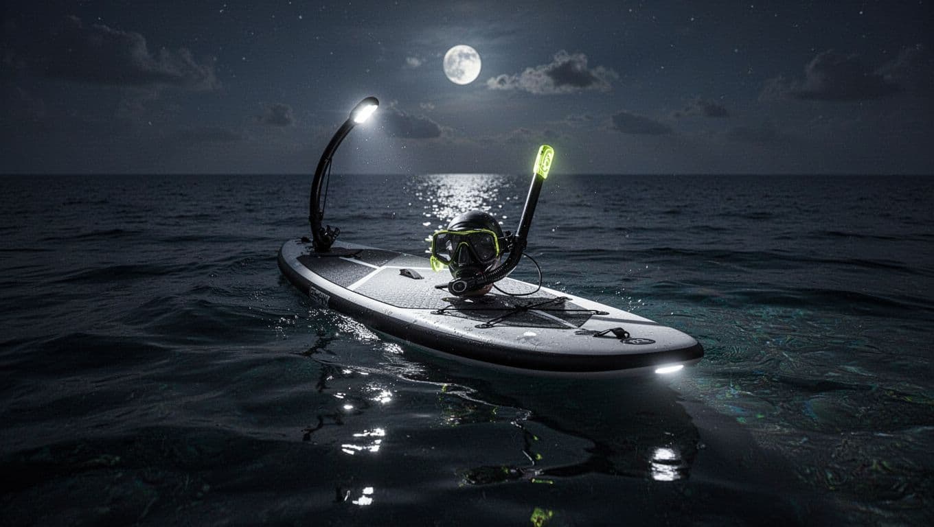 A specialized snorkel board featuring bright underwater lights floats on the calm, dark ocean surface at night.