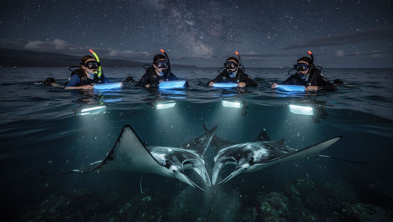 Four relaxed snorkelers float in calm Kona ocean waters at night, holding glowing blue boards, with giant manta rays somersaulting below feeding on plankton lit by underwater lights under a starry sky.