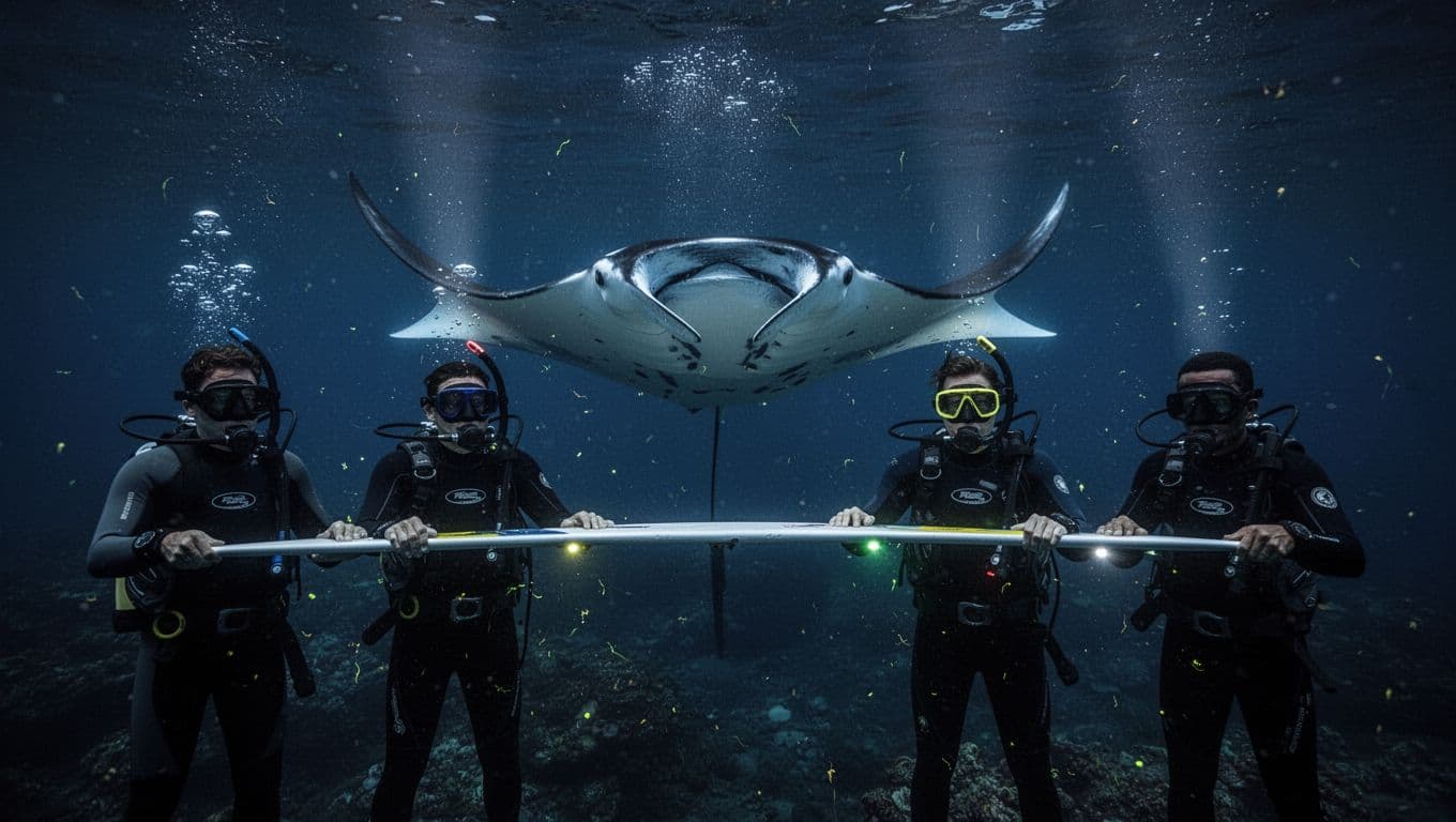 Majestic manta ray swims gracefully close to snorkelers around illuminated board underwater at night off Kona coast Hawaii, with faint plankton glow and dramatic deep ocean lighting.