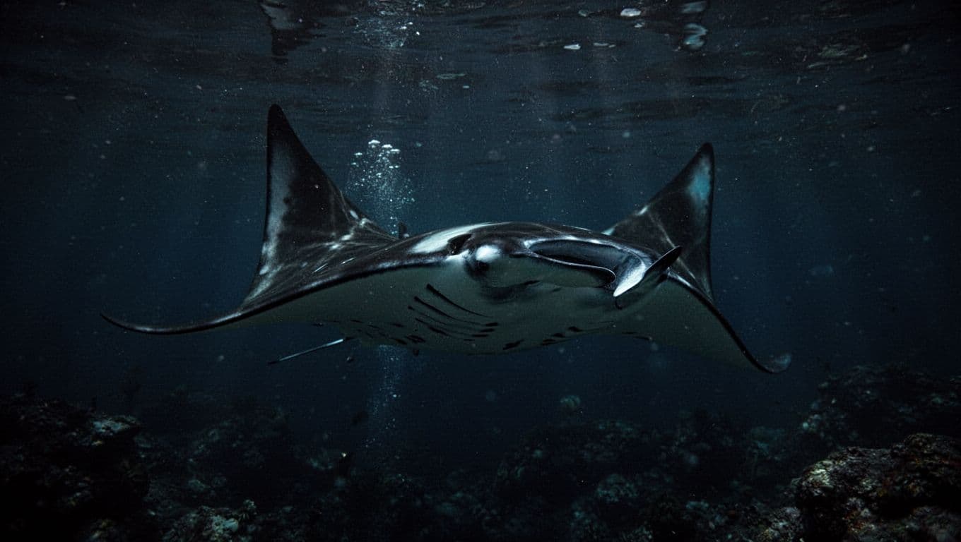 A single large manta ray glides through dark ocean depths, silhouetted by soft, cyan light filtering down from the surface. The scene captures the creature's elegant movement against deep blue water.