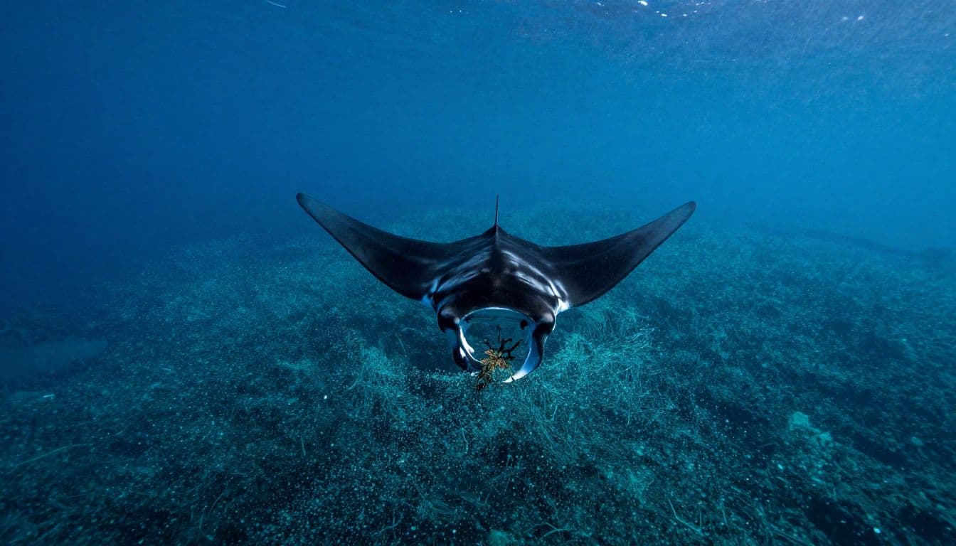 A manta ray feeds on glowing plankton in deep Hawaiian waters.