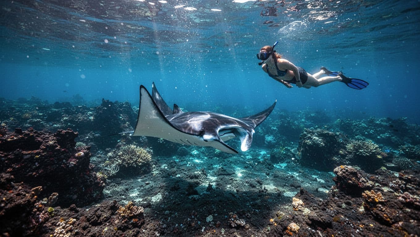 A manta ray swims over a reef while a distant snorkeler watches.