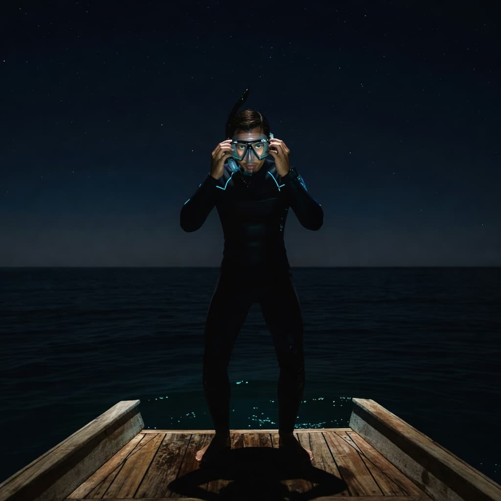 A lone adventurer secures a diving mask while sitting on a boat deck at night. The dim blue accent lighting highlights their focused expression and the professional-grade snorkeling equipment being readied.
