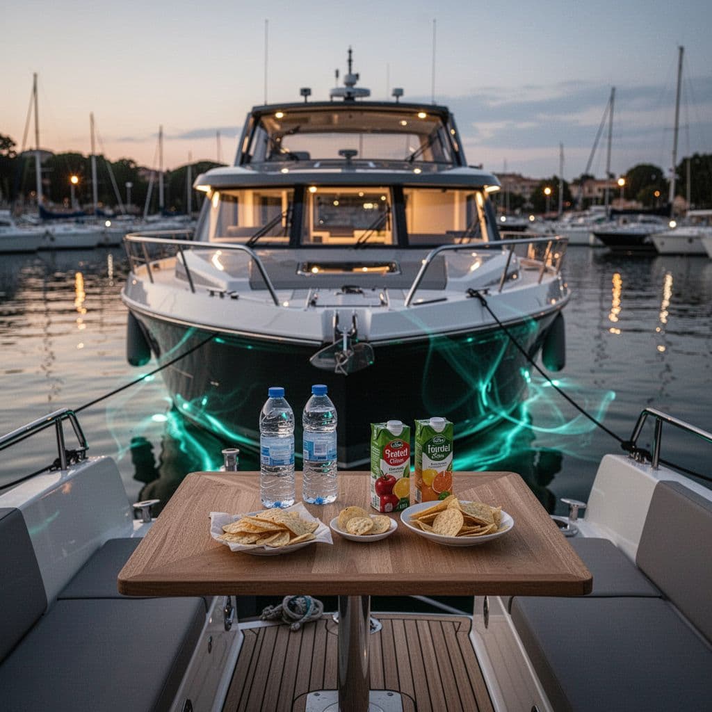 A well-equipped boat sits at the dock during dusk, with warm cabin lights casting reflections across the water. Refreshments, including juice and snacks, are neatly placed on the wooden deck table.