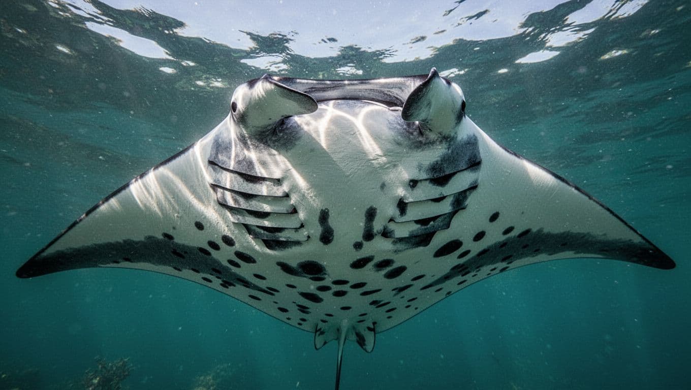 A close-up view of a manta ray underside highlights unique black spot configurations against a vibrant teal ocean. Natural light accentuates the texture and markings across the creature's smooth skin.