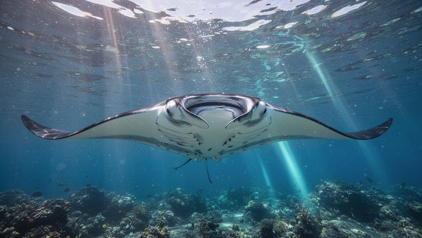 A large manta ray glides through crystal clear Hawaiian waters while bright sunlight filters from the surface. Sparkling cyan light reflects off the creature's dark back as it moves gracefully forward.