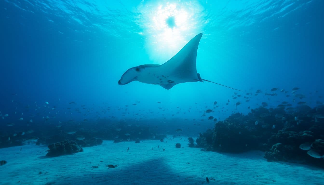 A graceful manta ray glides through dark, deep Hawaiian waters with vibrant blue accent lighting.