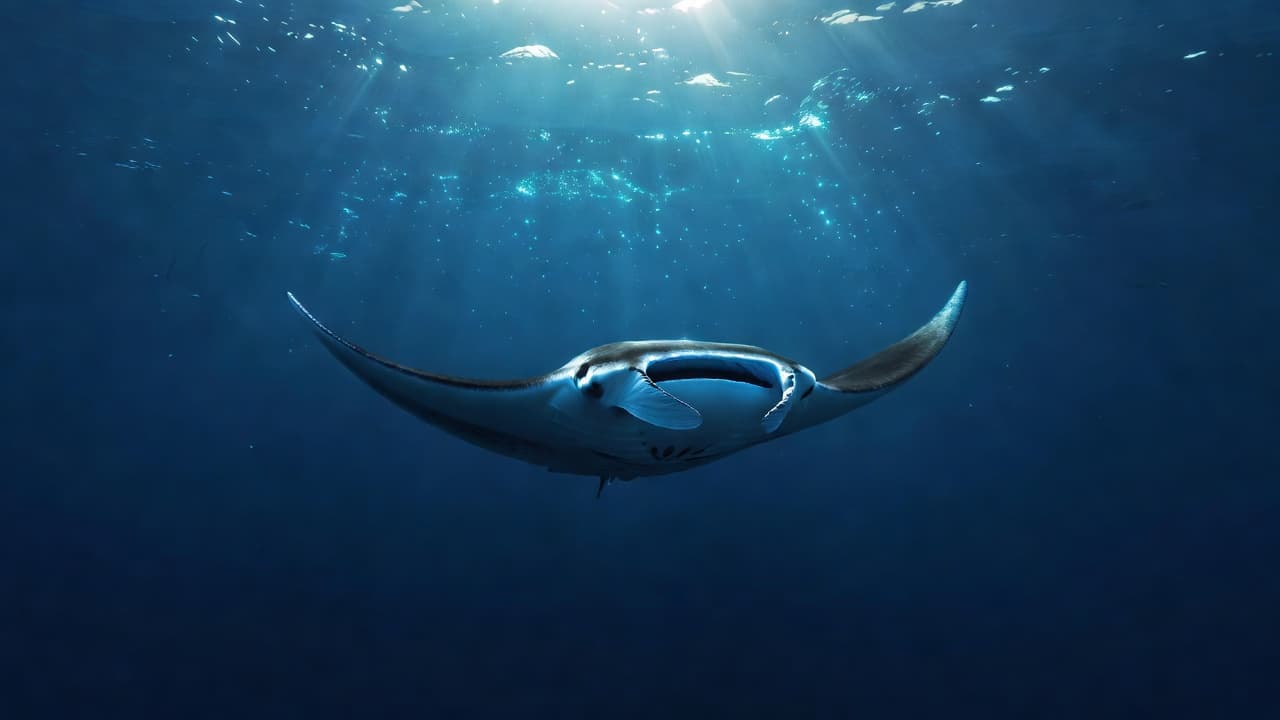 A graceful manta ray glides through the deep blue ocean, illuminated by bright sunlight filtering from the surface. The water sparkles with cyan highlights, emphasizing the creature's immense wingspan and motion.