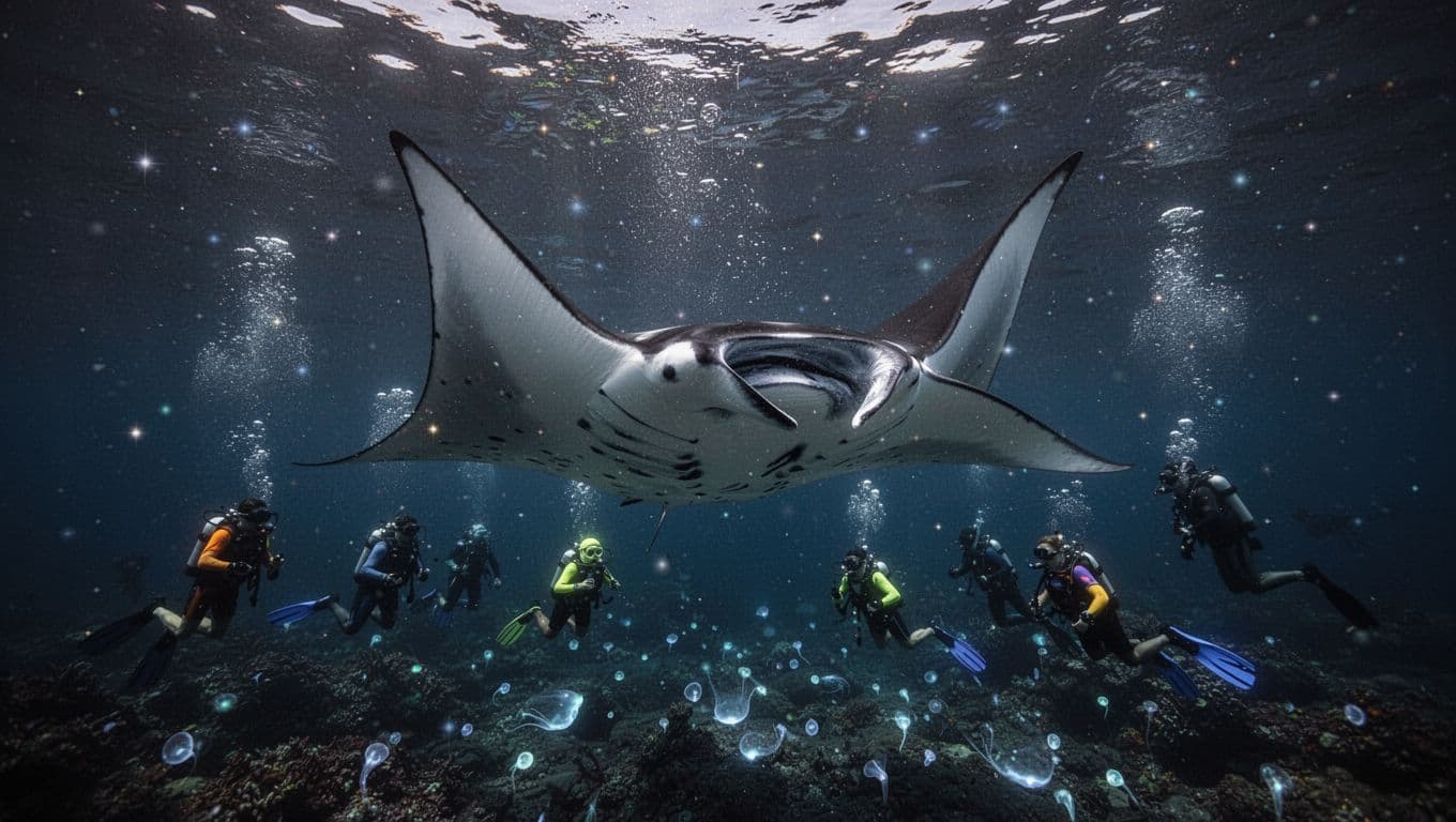 A large manta ray glides through dark, starlit Hawaiian waters near a group of snorkelers.