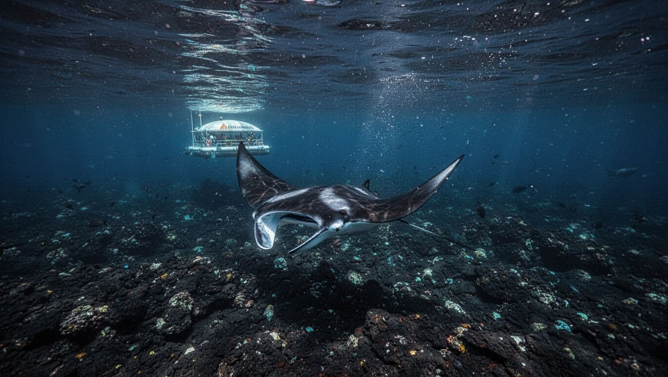 A manta ray glides above a dark reef in calm blue water at twilight.