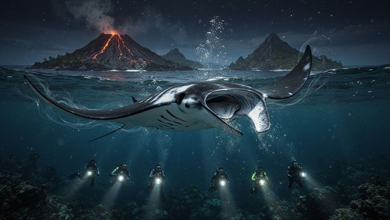 A manta ray glides through dark blue water with its fins spread wide.
