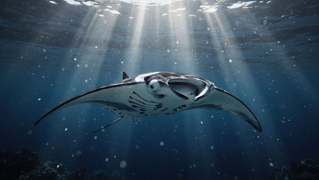 A massive manta ray glides through dark, clear ocean depths as radiant light beams pierce the surface from above. Glowing water particles drift around its expansive wings in the cinematic current.