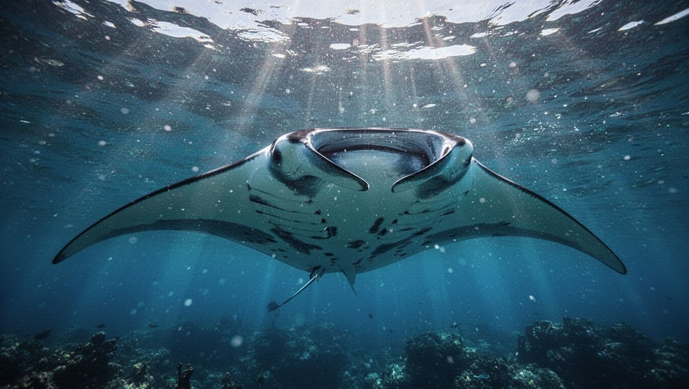 A massive manta ray glides through crystal clear blue ocean water. Sunbeams pierce the surface, casting dramatic shadows and highlighting the creature's smooth skin and wing-like fins in the deep sea.