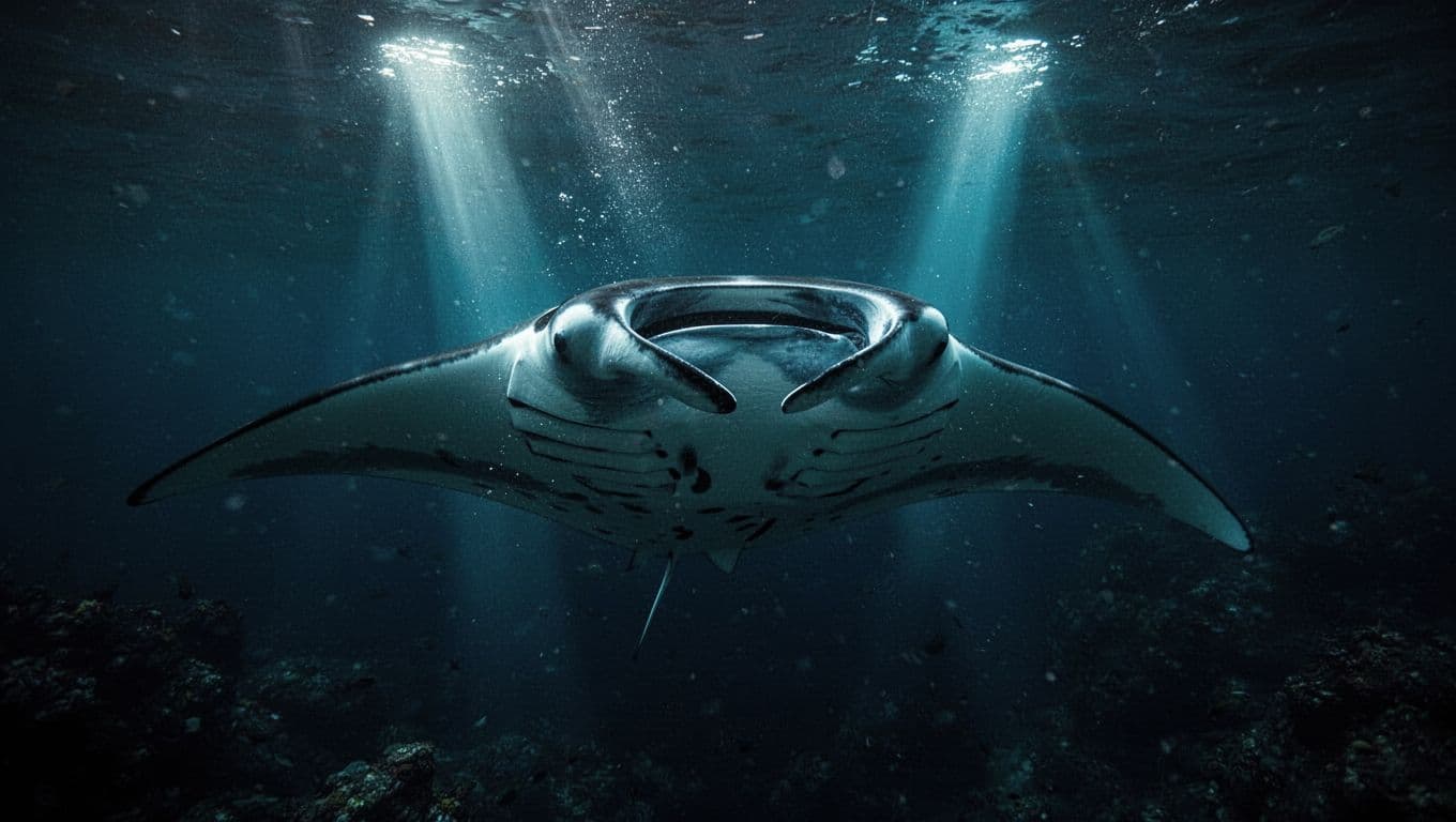 A giant manta ray gliding through dark water beneath bright blue lights.
