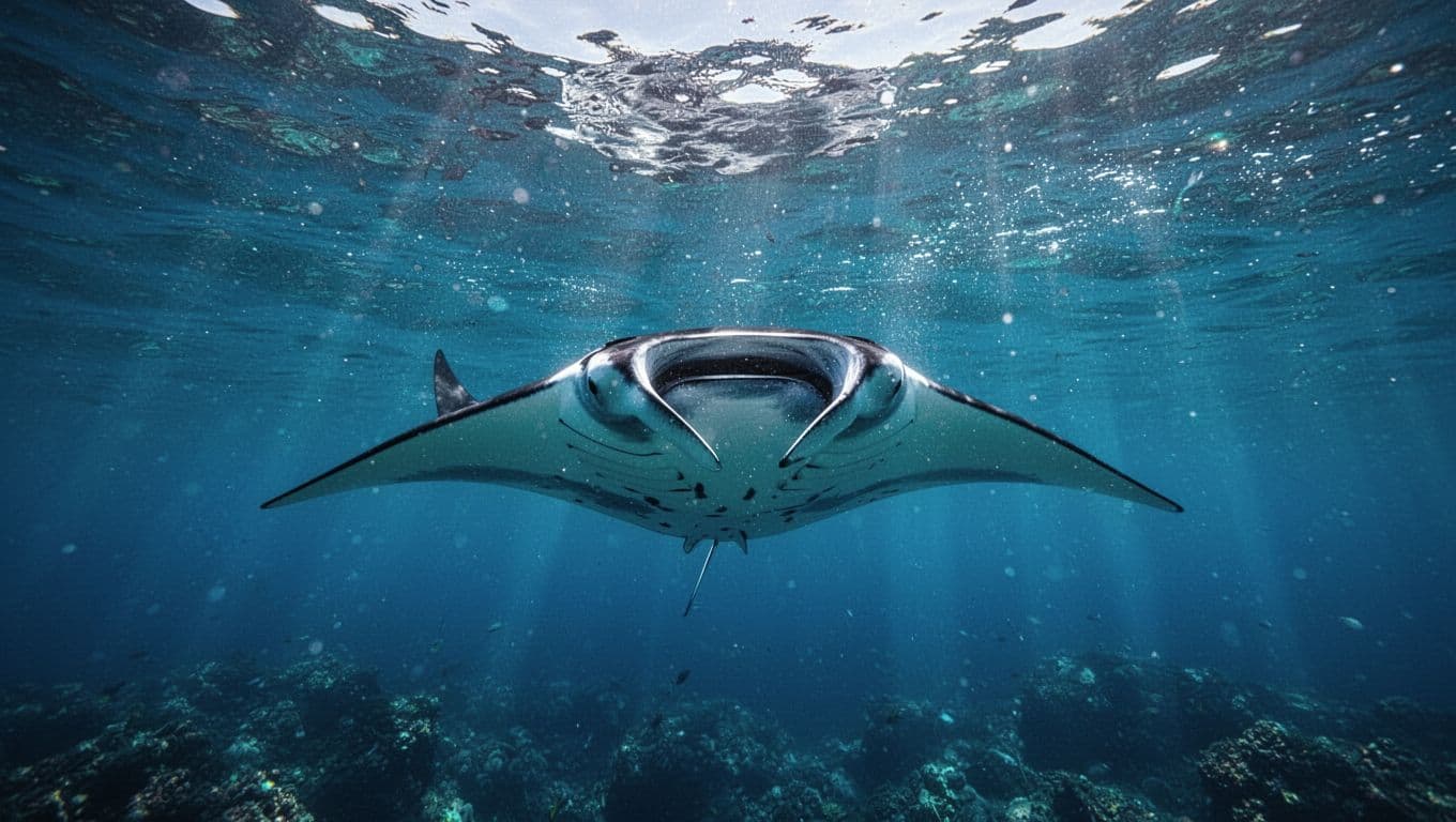 A manta ray gliding through clear blue ocean water with dramatic light.