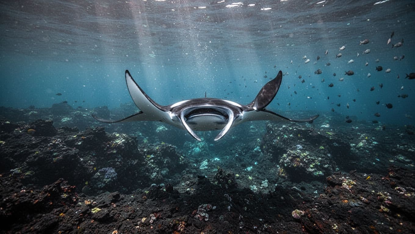 A manta ray swims above a dark volcanic reef in sunlit blue water.
