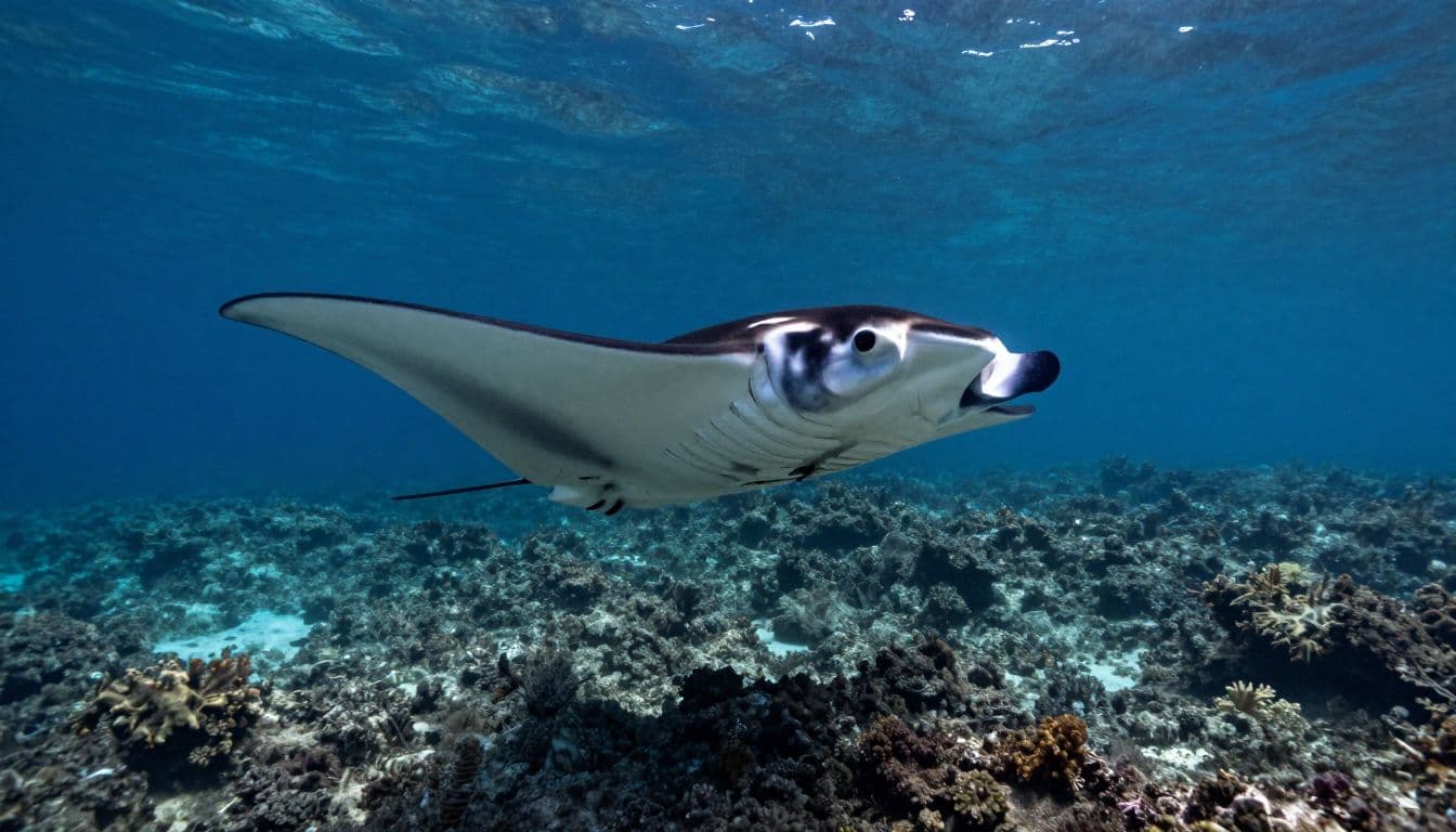 A reef manta ray shows its white belly above a tropical reef.