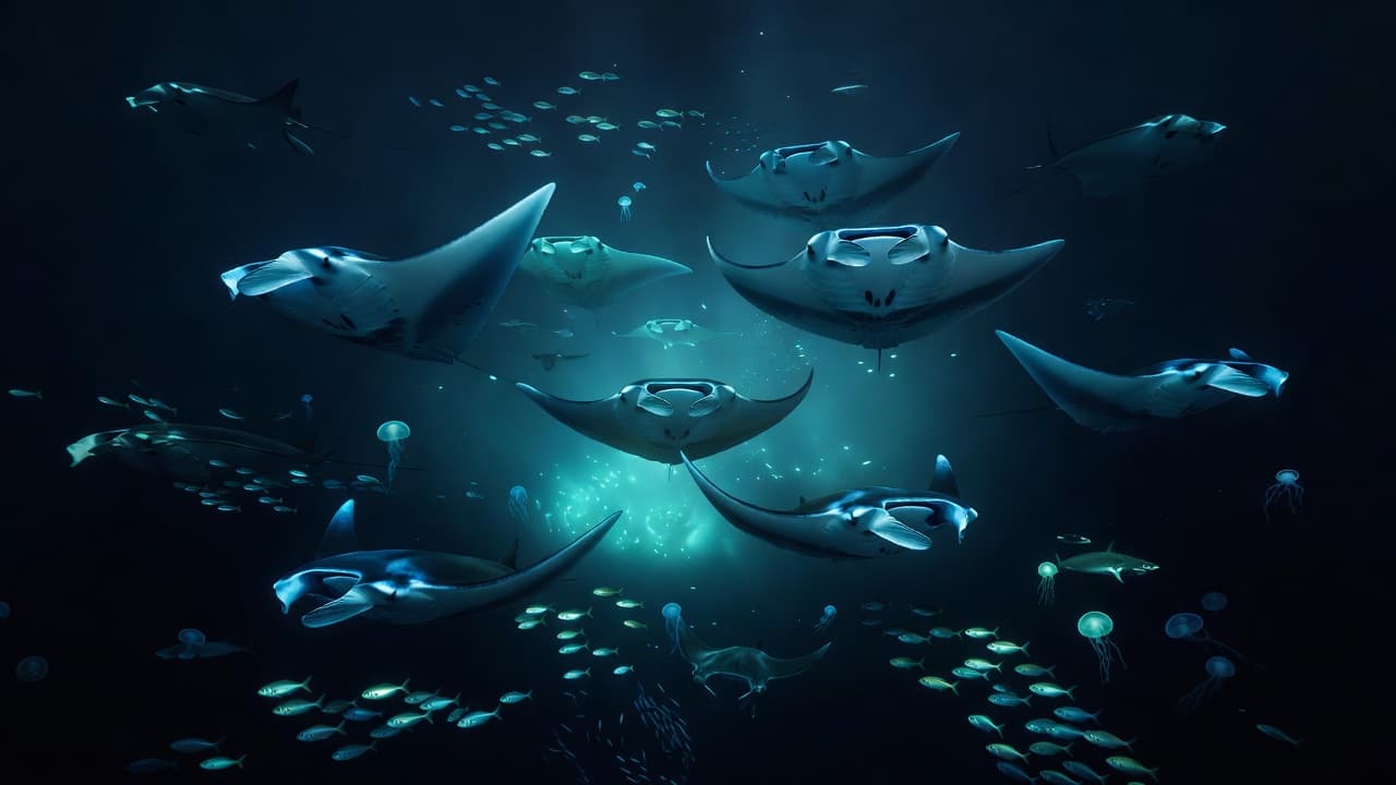 Giant manta rays swimming through dark blue ocean water illuminated by turquoise light.