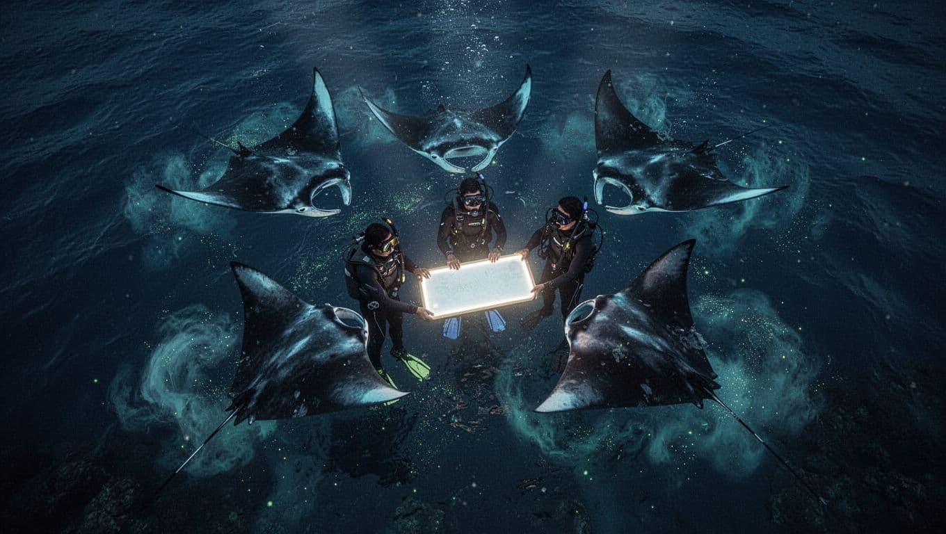 Three snorkelers hold illuminated board as large manta rays circle and somersault closely amid glowing plankton.