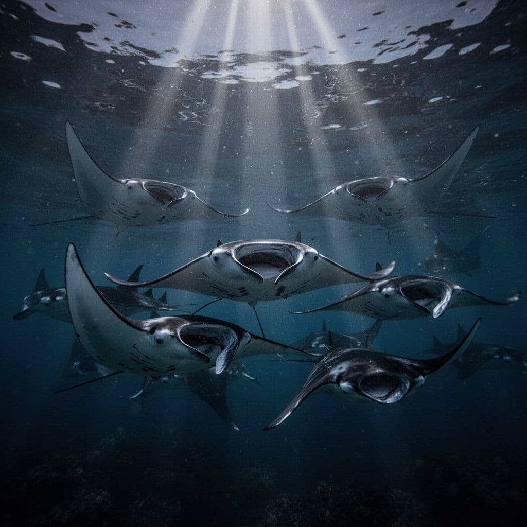 Large manta rays filter feed in deep blue water illuminated by bright overhead lights at night.