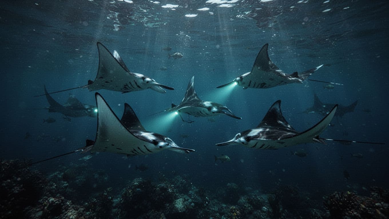 Manta rays glide through dark blue water above glowing dive lights.