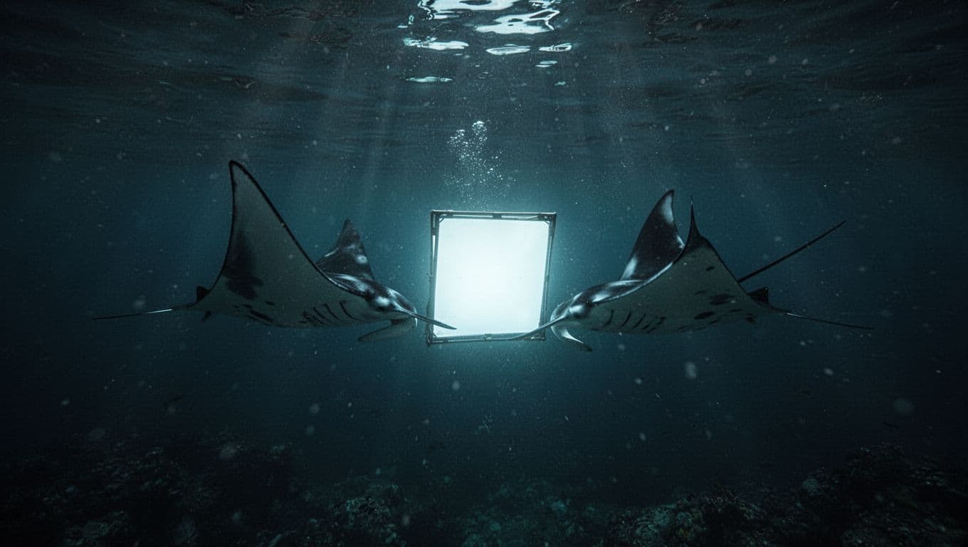 Manta rays swimming near a bright underwater light panel in the dark ocean.