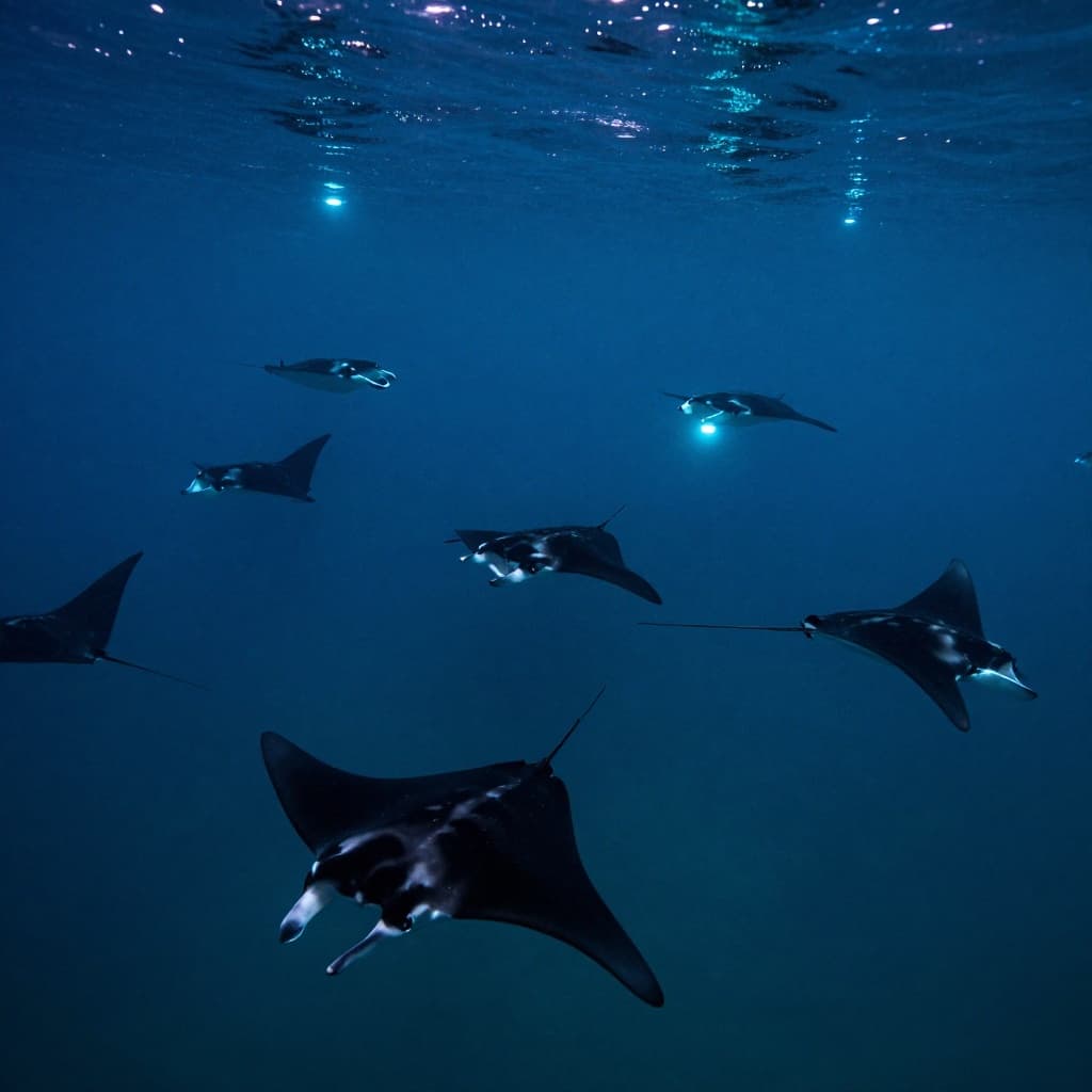 Graceful manta rays swim through dark ocean waters illuminated by soft blue lights.