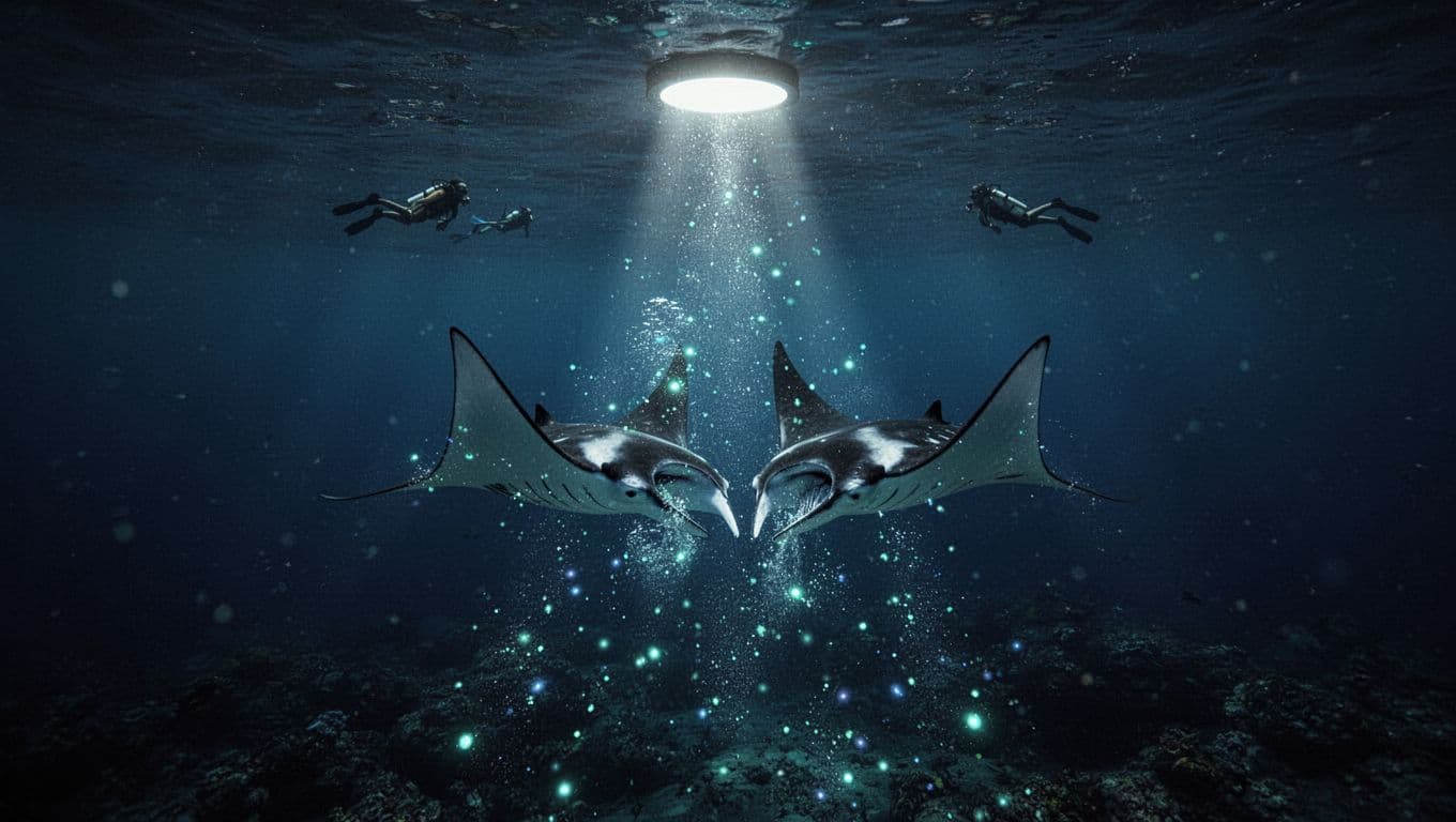 Two manta rays feed beneath a glowing underwater light as distant snorkelers float above.