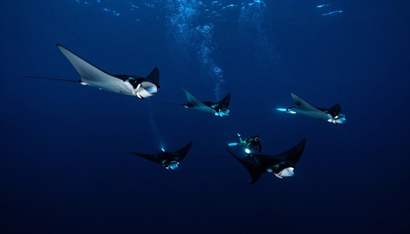 Manta rays somersault and glide near three snorkelers in dark ocean lit by blue surface lights.