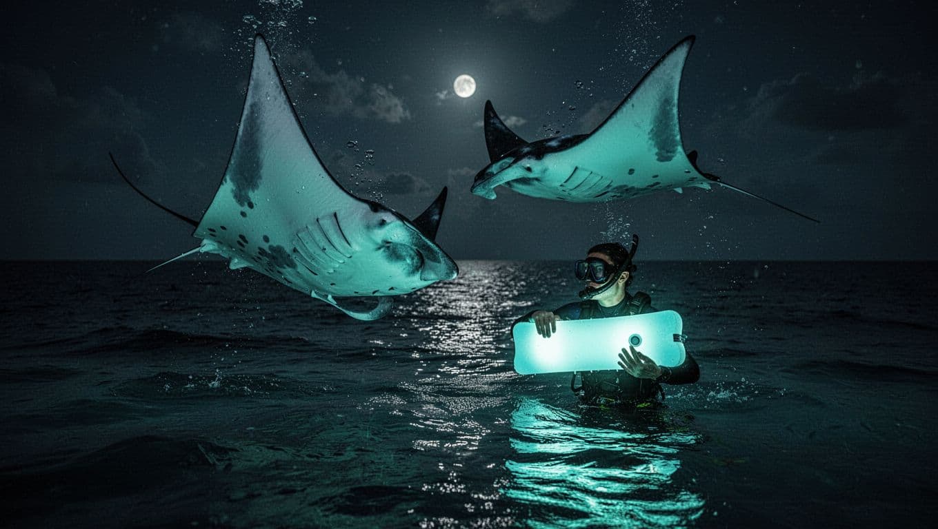 Graceful manta rays somersaulting near three snorkelers holding illuminated flotation boards on the dark ocean surface, with underwater lights casting turquoise glows and dramatic cinematic lighting.
