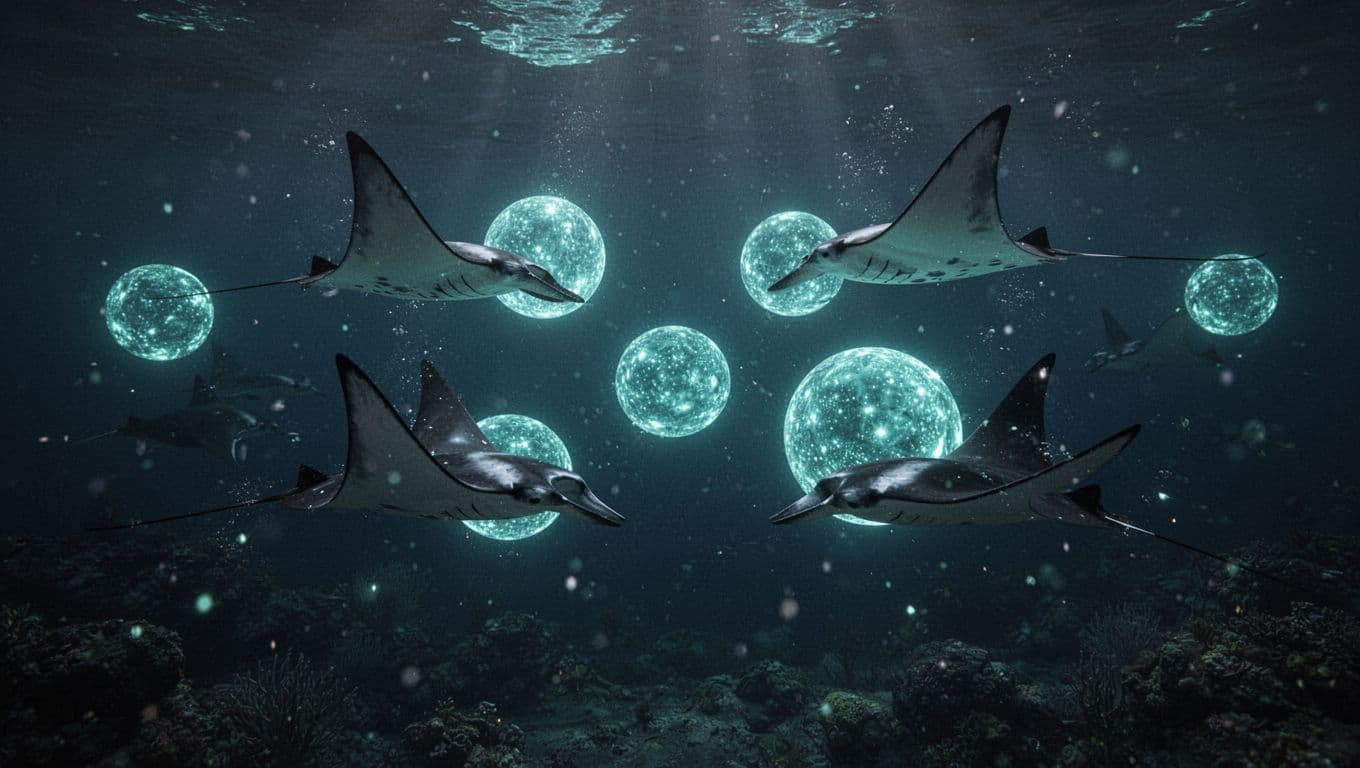 Manta rays swim through dark water around glowing underwater lights.