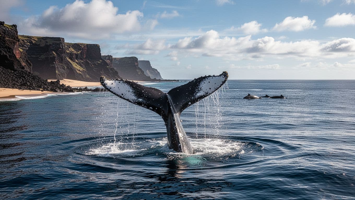 Humpback whale tail slaps in deep blue waters near Maui's volcanic cliffs and beaches, with two others visible in background.