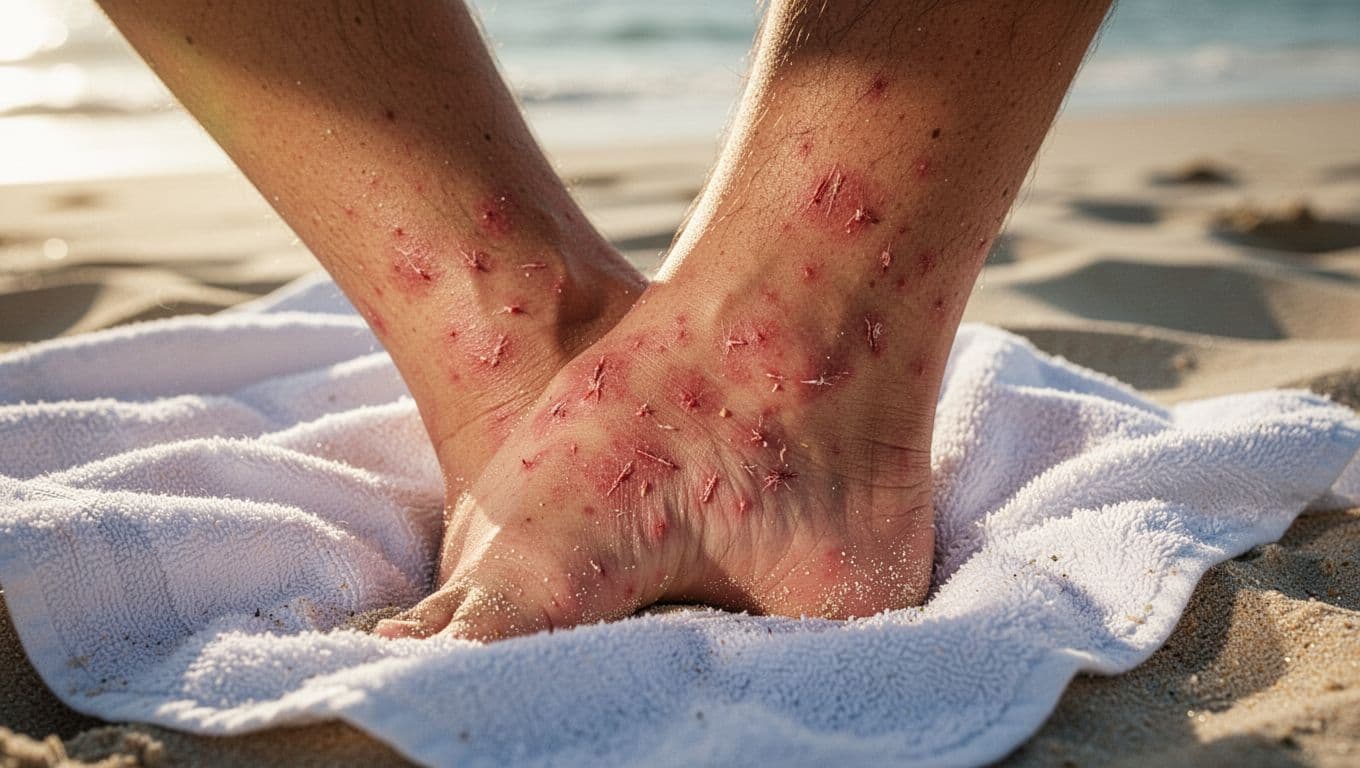 Close-up of mild reef rash showing red irritated scrapes on a person's lower leg and ankle from coral contact during Oahu snorkeling, placed on a white towel on beach sand with cinematic style, strong contrast, and dramatic natural sunlight.