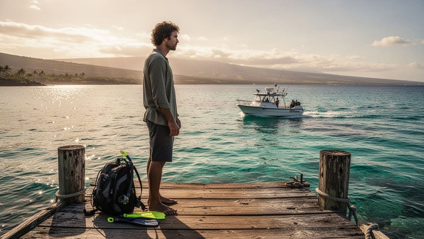 Solitary figure stands on empty wooden dock at Honokohau Marina, watching small snorkel boat depart into turquoise ocean at sunrise, backpack and gear beside.