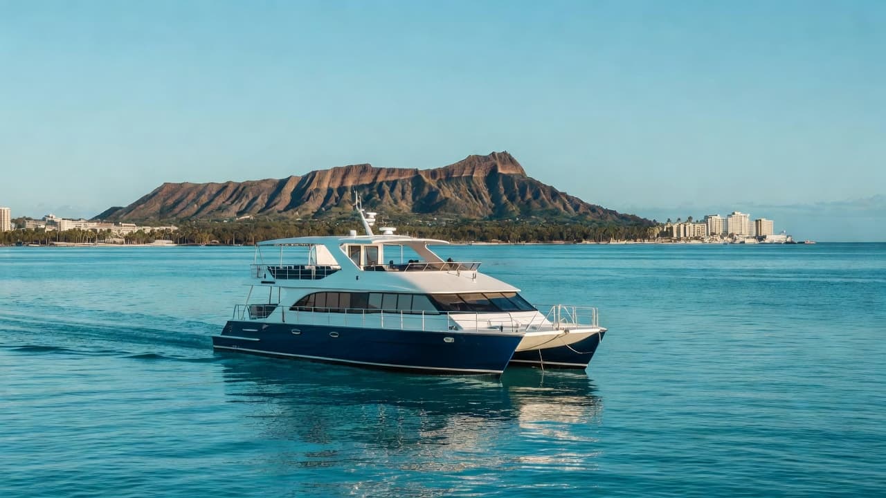 A sleek white catamaran cruises across turquoise tropical waters near Waikiki. The iconic Diamond Head volcano looms in the distance under a bright sky, creating a serene and accessible travel scene.