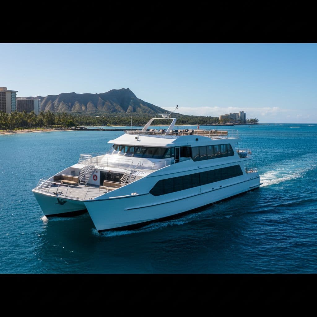 A stable double-decker tour boat departs a calm Hawaiian harbor on a bright, sunny day.