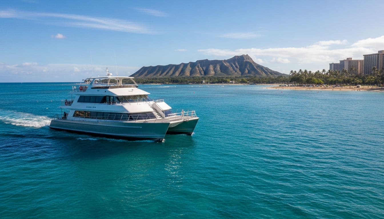 A sleek double-decker boat glides across clear blue waters with Diamond Head visible in the background.