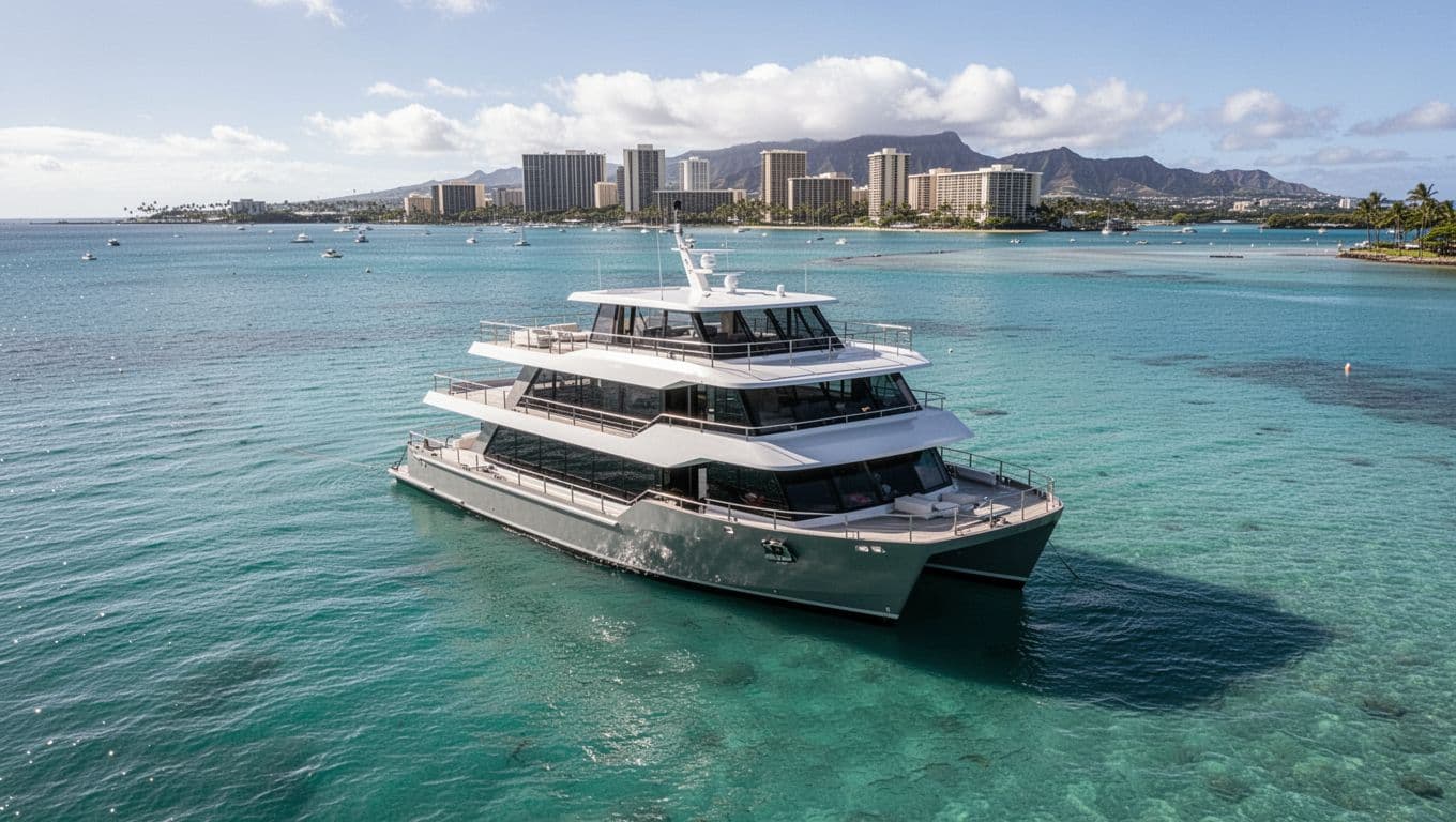 A modern double-decker boat sits anchored in calm turquoise waters with the Waikiki skyline in the background.