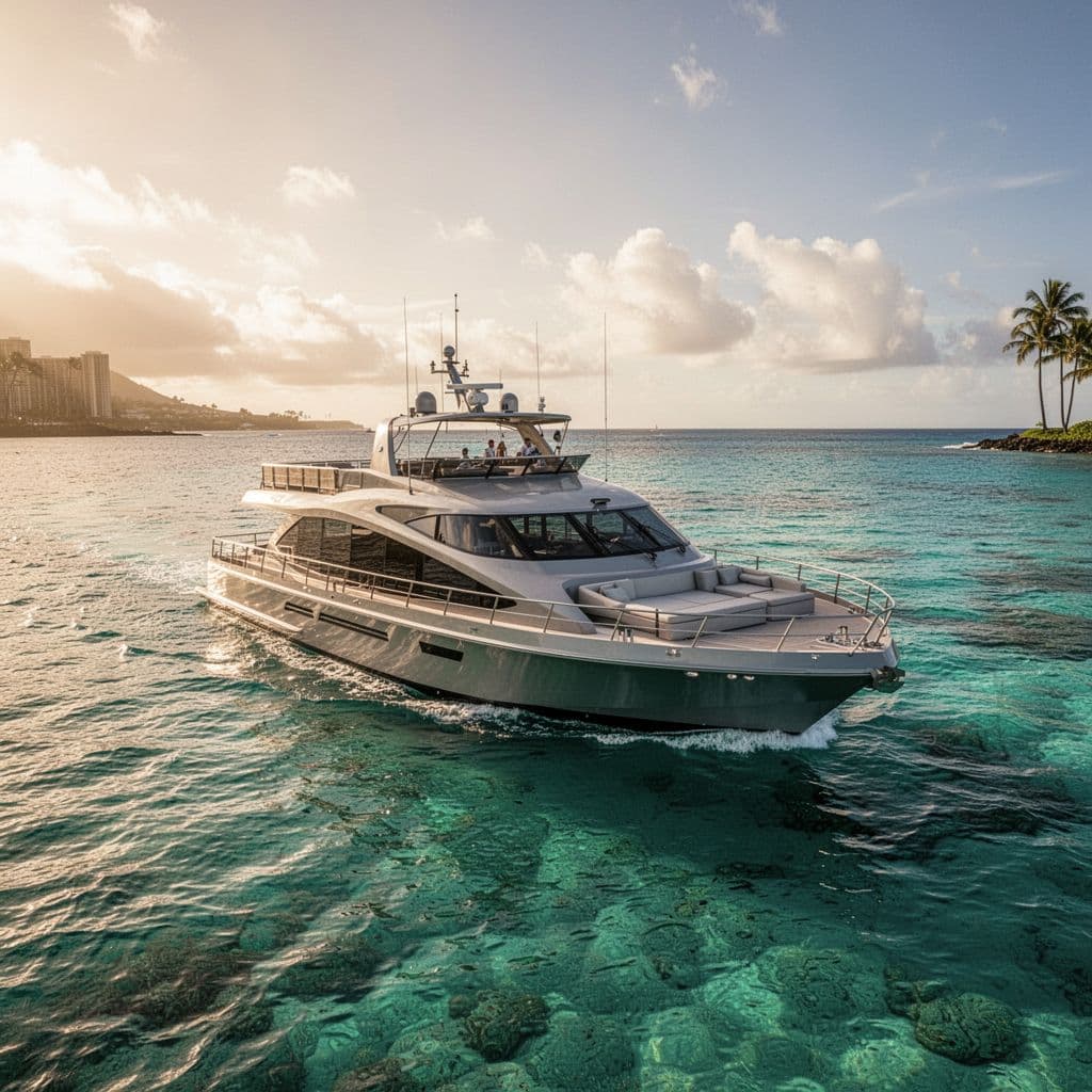 A modern tour boat drifts across calm turquoise waters under a warm, hazy Hawaiian sky.