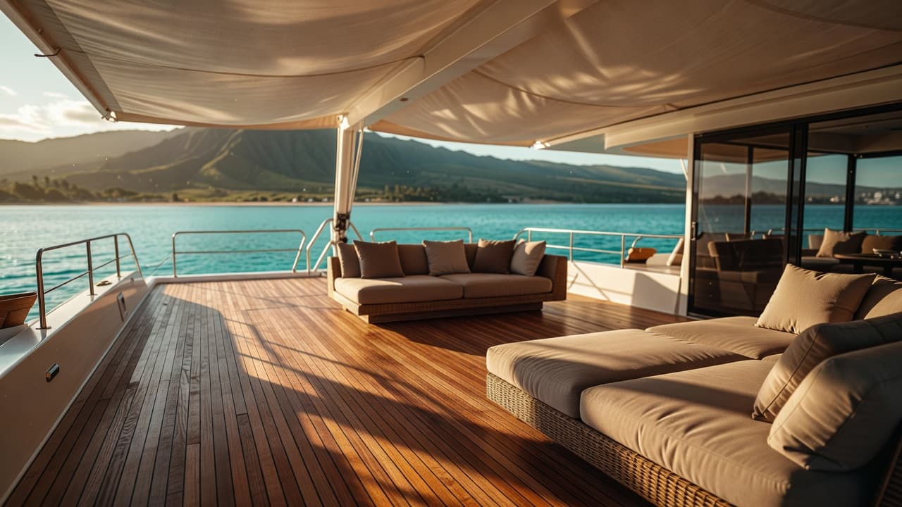 A spacious wooden catamaran deck features plush lounge seating with soft cream cushions. The vessel floats in a tranquil turquoise bay, offering clear views of distant mountains under warm golden light.
