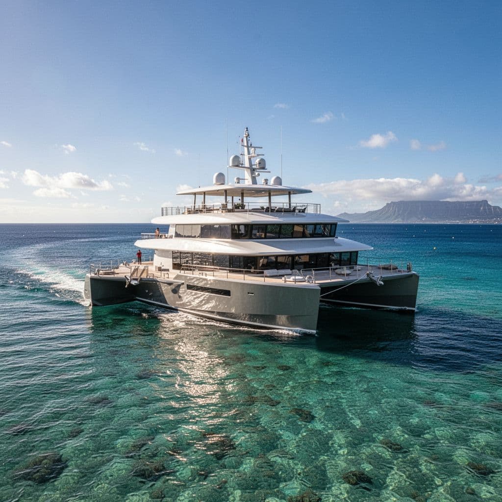 A spacious double-decker catamaran cruises through bright turquoise waters off the sunny Waikiki coastline.
