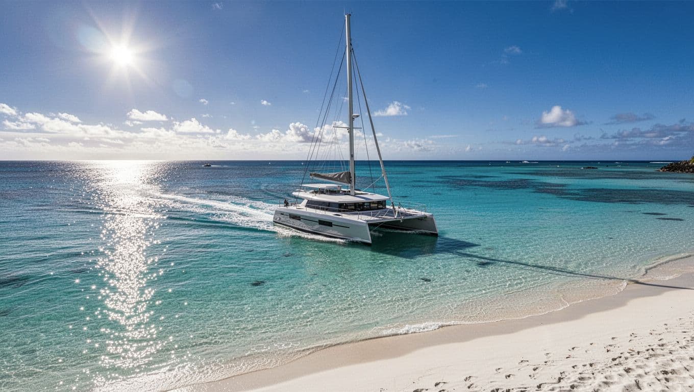 A white catamaran cuts through bright turquoise tropical water near the coast. The sun reflects off the hull as the vessel glides toward the distant shoreline under a clear deep sky.