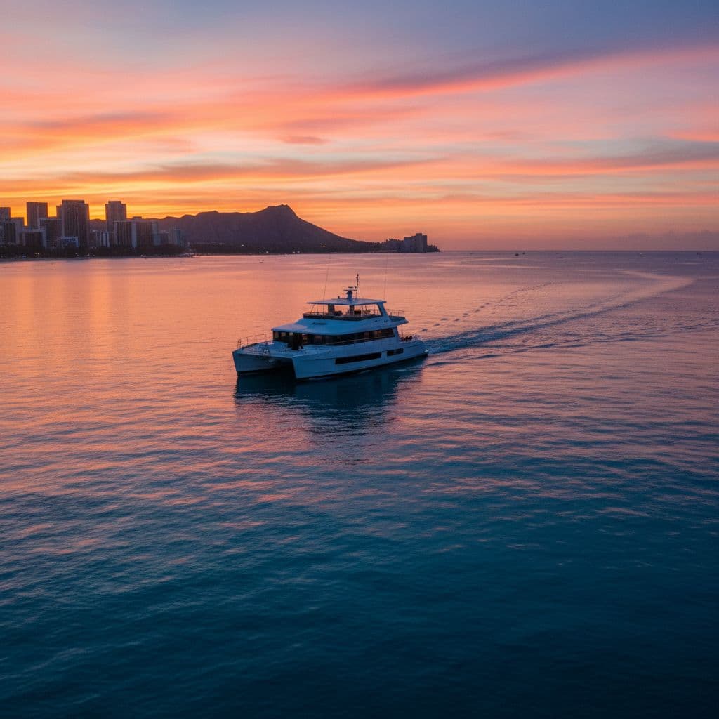 A modern catamaran glides across calm blue water during a vibrant orange and pink sunset near Waikiki.