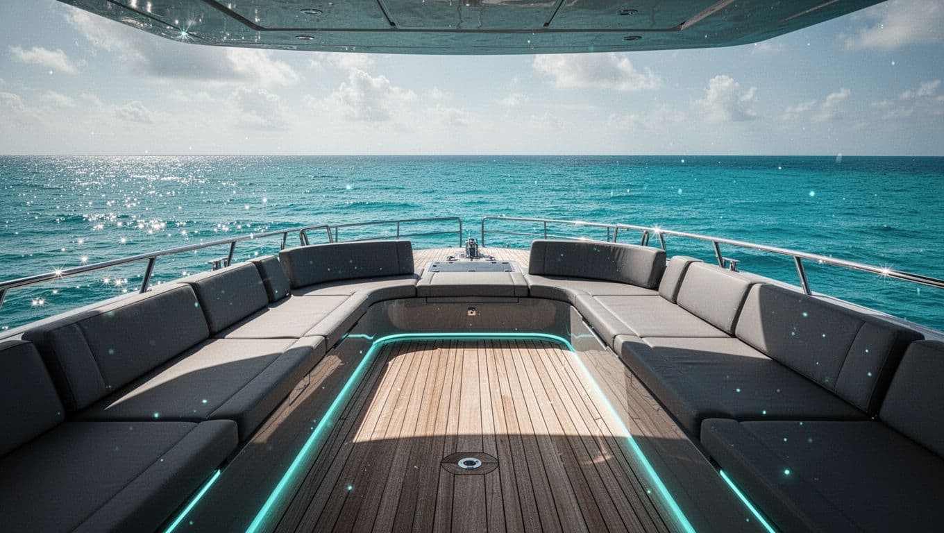 Cushioned seating on a modern boat deck overlooking a bright cyan ocean.